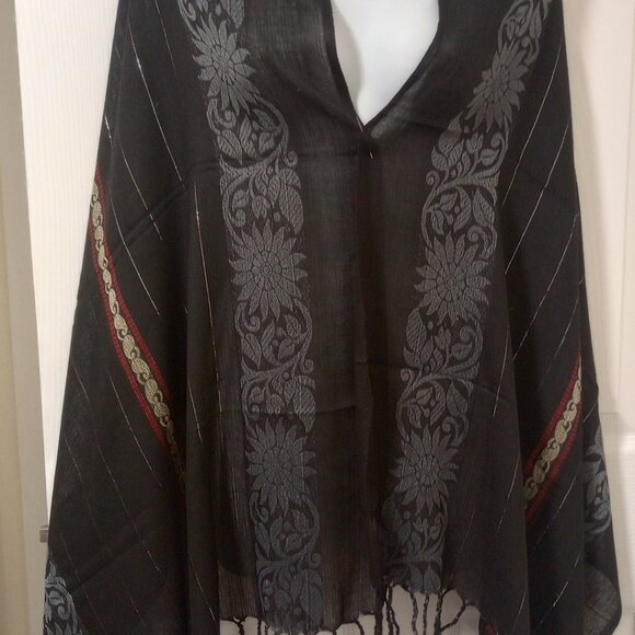 Black Stole Scarf Grey Red Floral Paisley Embroidery - Picture 5 of 6